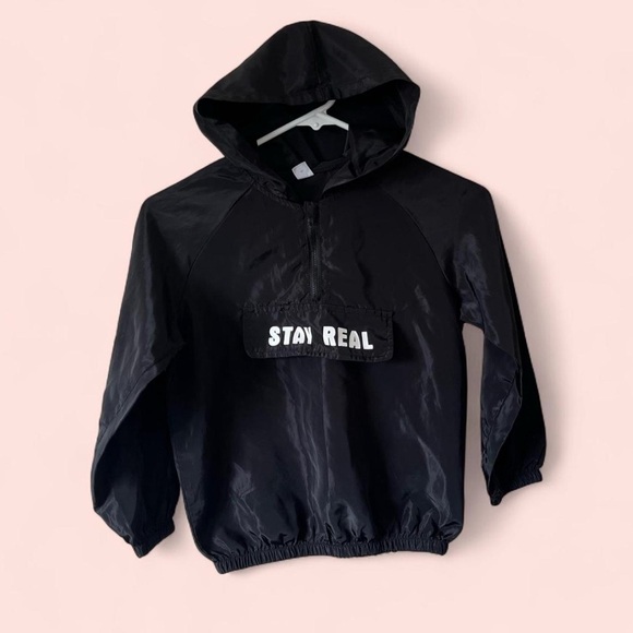 Boy Size 7 Black & White Stay Real SHEIN Windbreaker Pullover Hoodie - Picture 4 of 8
